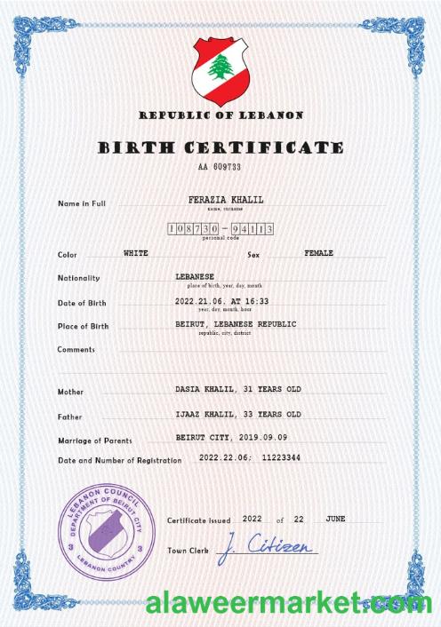 Lebanon vital record birth certificate PSD template